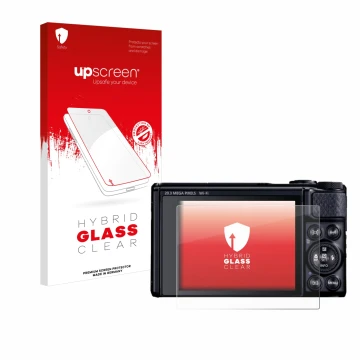 Parte frontale di una confezione del prodotto con il logo del marchio upscreen. Accanto è raffigurato il dispositivo Canon Pow