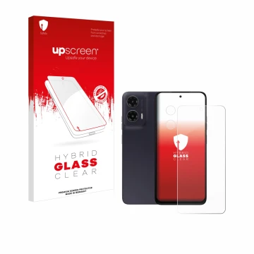 Parte frontale di una confezione del prodotto con il logo del marchio upscreen. Accanto è raffigurato il dispositivo Motorola 