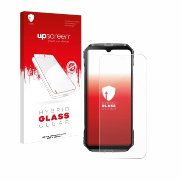 Parte frontale di una confezione del prodotto con il logo del marchio upscreen. Accanto è raffigurato il dispositivo Doogee S 
