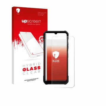 Parte frontale di una confezione del prodotto con il logo del marchio upscreen. Accanto è raffigurato il dispositivo myPhone H