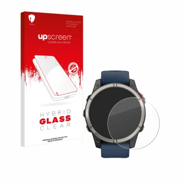 Parte frontale di una confezione del prodotto con il logo del marchio upscreen. Accanto è raffigurato il dispositivo Garmin qu