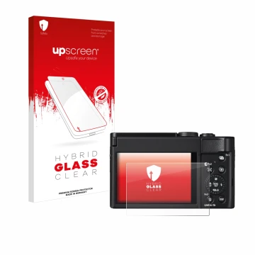 Parte frontale di una confezione del prodotto con il logo del marchio upscreen. Accanto è raffigurato il dispositivo Panasonic