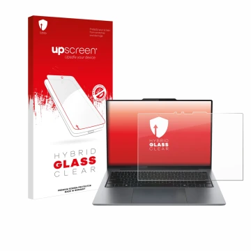 Parte frontale di una confezione del prodotto con il logo del marchio upscreen. Accanto è raffigurato il dispositivo Lenovo Th