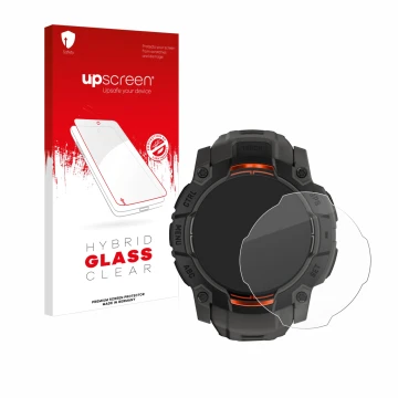 Parte frontale di una confezione del prodotto con il logo del marchio upscreen. Accanto è raffigurato il dispositivo Garmin In