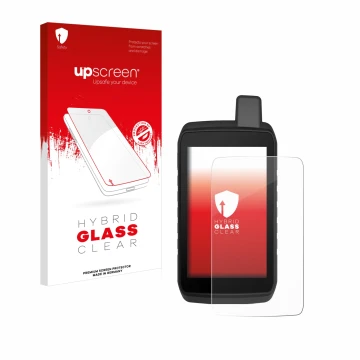 Parte frontale di una confezione del prodotto con il logo del marchio upscreen. Accanto è raffigurato il dispositivo Garmin Mo