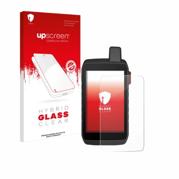 Parte frontale di una confezione del prodotto con il logo del marchio upscreen. Accanto è raffigurato il dispositivo Garmin Mo