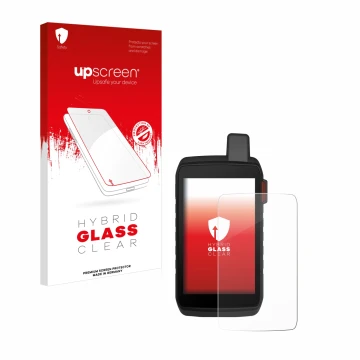 Parte frontale di una confezione del prodotto con il logo del marchio upscreen. Accanto è raffigurato il dispositivo Garmin Mo