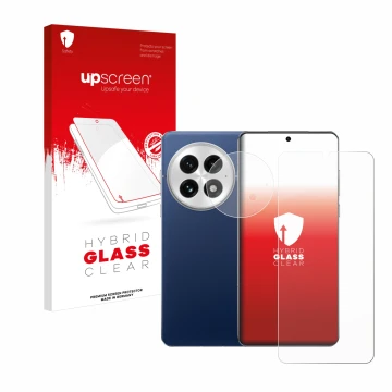 Parte frontale di una confezione del prodotto con il logo del marchio upscreen. Accanto è raffigurato il dispositivo OnePlus 1