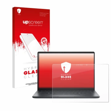 Parte frontale di una confezione del prodotto con il logo del marchio upscreen. Accanto è raffigurato il dispositivo Dell Pro 