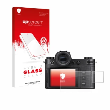 Parte frontale di una confezione del prodotto con il logo del marchio upscreen. Accanto è raffigurato il dispositivo Leica SL3