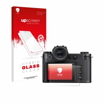 Parte frontale di una confezione del prodotto con il logo del marchio upscreen. Accanto è raffigurato il dispositivo Leica SL3
