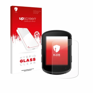 Parte frontale di una confezione del prodotto con il logo del marchio upscreen. Accanto è raffigurato il dispositivo Garmin Ed