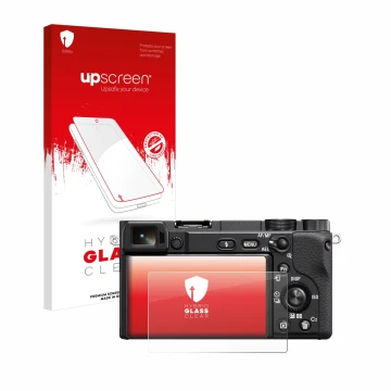 Parte frontale di una confezione del prodotto con il logo del marchio upscreen. Accanto è raffigurato il dispositivo Sony Alph
