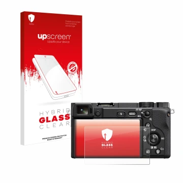 Parte frontale di una confezione del prodotto con il logo del marchio upscreen. Accanto è raffigurato il dispositivo Sony Alph