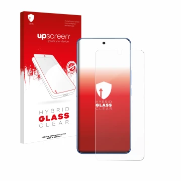 Parte frontale di una confezione del prodotto con il logo del marchio upscreen. Accanto è raffigurato il dispositivo Vivo V50 