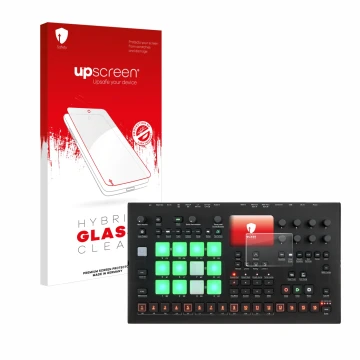 Parte frontale di una confezione del prodotto con il logo del marchio upscreen. Accanto è raffigurato il dispositivo Elektron 