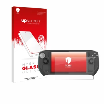 Parte frontale di una confezione del prodotto con il logo del marchio upscreen. Accanto è raffigurato il dispositivo Zotac Gam