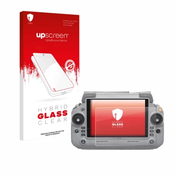 Parte frontale di una confezione del prodotto con il logo del marchio upscreen. Accanto è raffigurato il dispositivo DJI RC Pl