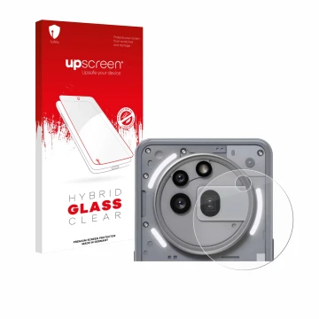 Parte frontale di una confezione del prodotto con il logo del marchio upscreen. Accanto è raffigurato il dispositivo Nothing P