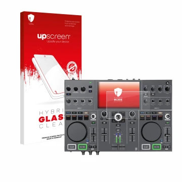 Parte frontale di una confezione del prodotto con il logo del marchio upscreen. Accanto è raffigurato il dispositivo Denon DJ 