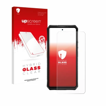 Parte frontale di una confezione del prodotto con il logo del marchio upscreen. Accanto è raffigurato il dispositivo Ulefone A