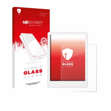 Parte frontale di una confezione del prodotto con il logo del marchio upscreen. Accanto è raffigurato il dispositivo Meebook M