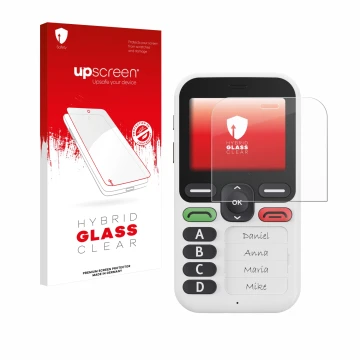 Parte frontale di una confezione del prodotto con il logo del marchio upscreen. Accanto è raffigurato il dispositivo Doro Leva