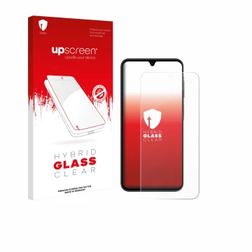 Parte frontale di una confezione del prodotto con il logo del marchio upscreen. Accanto è raffigurato il dispositivo Samsung G