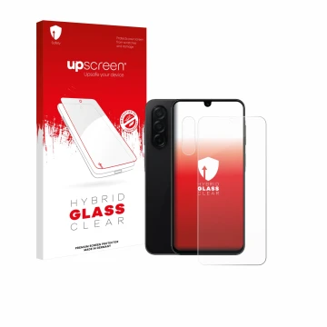 Parte frontale di una confezione del prodotto con il logo del marchio upscreen. Accanto è raffigurato il dispositivo Samsung G