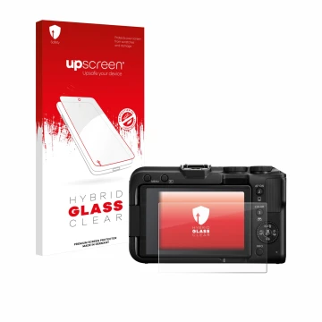 Parte frontale di una confezione del prodotto con il logo del marchio upscreen. Accanto è raffigurato il dispositivo Canon EOS