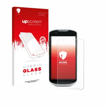 Parte frontale di una confezione del prodotto con il logo del marchio upscreen. Accanto è raffigurato il dispositivo Zebra TC5