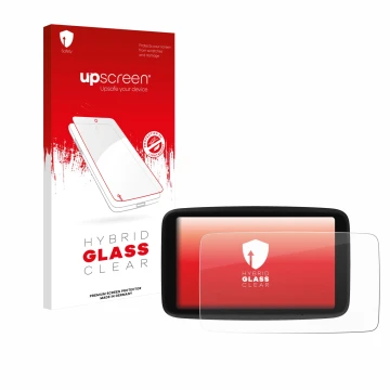 Parte frontale di una confezione del prodotto con il logo del marchio upscreen. Accanto è raffigurato il dispositivo TomTom Go