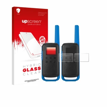 Parte frontale di una confezione del prodotto con il logo del marchio upscreen. Accanto è raffigurato il dispositivo Motorola 