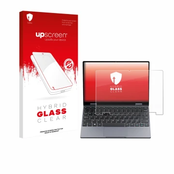 Parte frontale di una confezione del prodotto con il logo del marchio upscreen. Accanto è raffigurato il dispositivo Chuwi Min