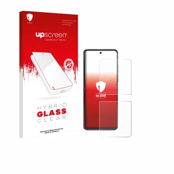 Parte frontale di una confezione del prodotto con il logo del marchio upscreen. Accanto è raffigurato il dispositivo Motorola 