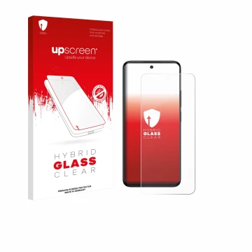 Parte frontale di una confezione del prodotto con il logo del marchio upscreen. Accanto è raffigurato il dispositivo TCL 60 5G