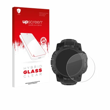 Parte frontale di una confezione del prodotto con il logo del marchio upscreen. Accanto è raffigurato il dispositivo Garmin In