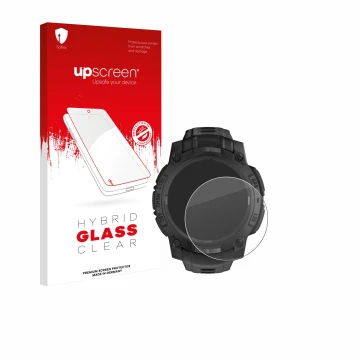 Parte frontale di una confezione del prodotto con il logo del marchio upscreen. Accanto è raffigurato il dispositivo Garmin In