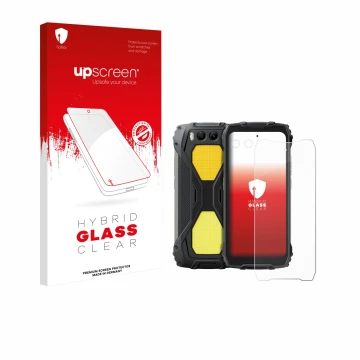 Parte frontale di una confezione del prodotto con il logo del marchio upscreen. Accanto è raffigurato il dispositivo Blackview