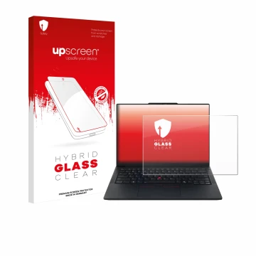 Parte frontale di una confezione del prodotto con il logo del marchio upscreen. Accanto è raffigurato il dispositivo Lenovo Th