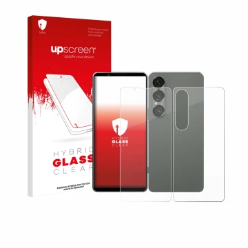 Parte frontale di una confezione del prodotto con il logo del marchio upscreen. Accanto è raffigurato il dispositivo Sony Xper