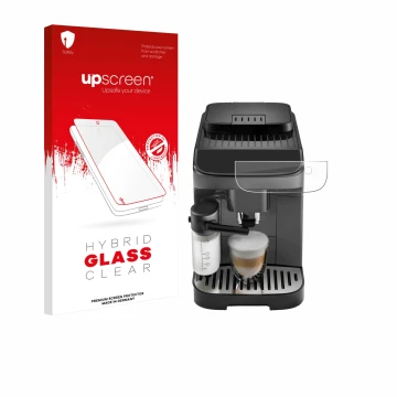 Parte frontale di una confezione del prodotto con il logo del marchio upscreen. Accanto è raffigurato il dispositivo DeLonghi 