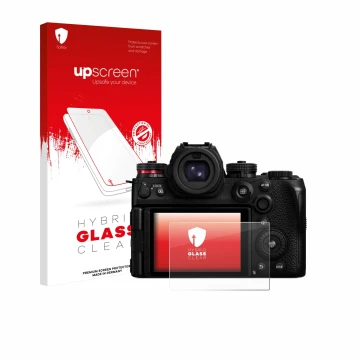 Parte frontale di una confezione del prodotto con il logo del marchio upscreen. Accanto è raffigurato il dispositivo Panasonic