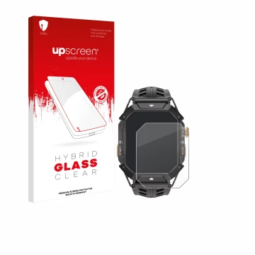 Parte frontale di una confezione del prodotto con il logo del marchio upscreen. Accanto è raffigurato il dispositivo Oukitel B