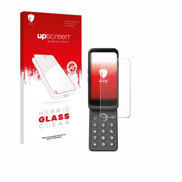 Parte frontale di una confezione del prodotto con il logo del marchio upscreen. Accanto è raffigurato il dispositivo Doro Auro