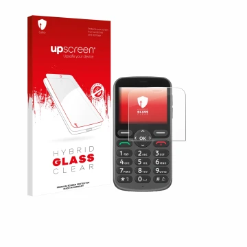 Parte frontale di una confezione del prodotto con il logo del marchio upscreen. Accanto è raffigurato il dispositivo Doro 1380
