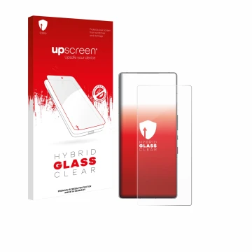 Parte frontale di una confezione del prodotto con il logo del marchio upscreen. Accanto è raffigurato il dispositivo ZTE Nubia
