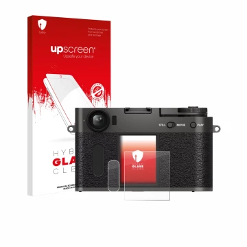 Parte frontale di una confezione del prodotto con il logo del marchio upscreen. Accanto è raffigurato il dispositivo Fujifilm 