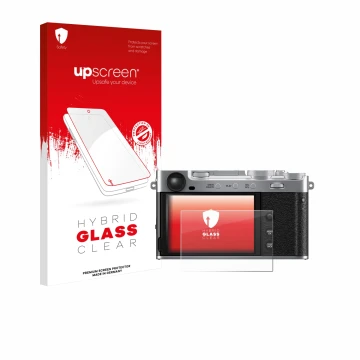 Parte frontale di una confezione del prodotto con il logo del marchio upscreen. Accanto è raffigurato il dispositivo Fujifilm 