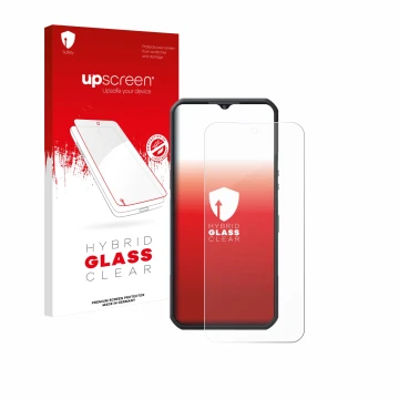 Parte frontale di una confezione del prodotto con il logo del marchio upscreen. Accanto è raffigurato il dispositivo Oukitel W